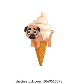 Cute funny pug dog character inside ice cream cone vector Illustration on a white background