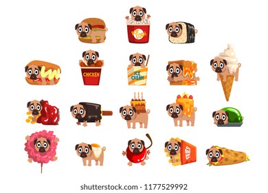 Cute funny pug dog character as fast food ingredient set of vector Illustrations