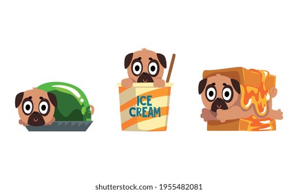 Cute Funny Pug Dog Character as Fast Food Ingredient Vector Set