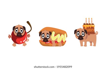 Cute Funny Pug Dog Character as Fast Food Ingredient Vector Set