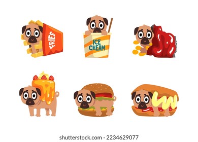 Cute Funny Pug Dog Character in Fast Food Ingredient Costume Vector Set