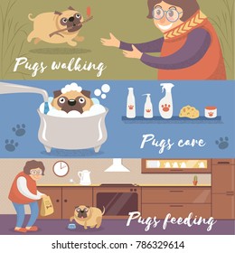 Cute funny pug dog in different situations, pugs walking, care and feeding colorful vector Illustrations