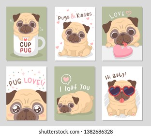 Cute funny pug dog is here. Set of rectangle gift tag, card, postcard. Pugs and kisses. Vector illustration.
