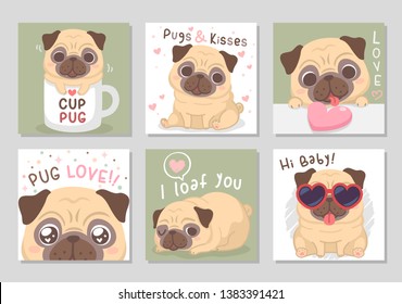 Cute funny pug dog is here. Set of square gift tag, card, badge. Pugs and kisses. Vector illustration.
