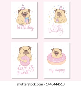 Cute funny pug dog. Set postcards. Vector illustration.