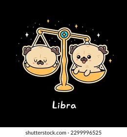 Cute funny pug, libra zodiac sign. Vector hand drawn cartoon kawaii character illustration logo icon. Cute pug dog,puppy,libra zodiac sign concept
