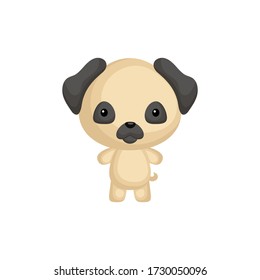 Cute funny pug puppy isolated on white background. Domestic adorable animal character for design of album, scrapbook, card and invitation. Flat cartoon colorful vector illustration.