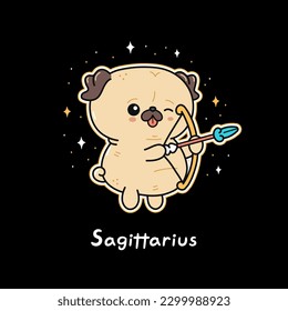 Cute funny pug, sagittarius zodiac sign. Vector hand drawn cartoon kawaii character illustration logo icon. Cute pug dog,puppy,sagittarius zodiac sign concept
