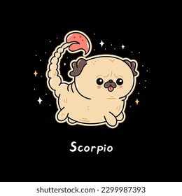 Cute funny pug, scorpio zodiac sign. Vector hand drawn cartoon kawaii character illustration logo icon. Cute pug dog,puppy,scorpio zodiac sign concept
