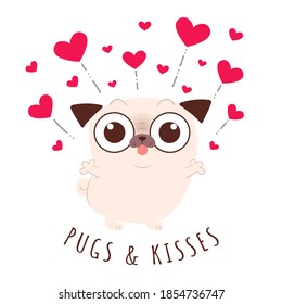 Cute and funny pug sending hugs and kisses. Flat vector illustration. Isolated on white background.