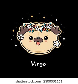 Cute funny pug,virgo zodiac sign. Vector hand drawn cartoon kawaii character illustration logo icon. Cute pug dog,puppy,virgo zodiac sign concept
