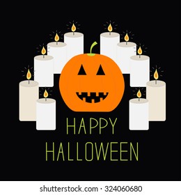 Cute funny pumpkin. Candle pyramid set. Halloween card for kids. Flat design. Black background Vector illustration