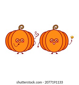 Cute funny pumpkin character. Vector hand drawn cartoon mascot character illustration icon. Isolated on white background.