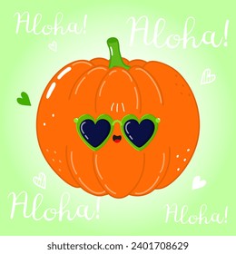 Cute funny Pumpkin character. Vector hand drawn cartoon kawaii character illustration icon. Isolated on green background. Pumpkin character concept. Aloha card