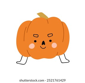 Cute funny pumpkin, happy smiling face, Halloween Jack. Orange character standing with legs. Festive autumn decoration for October holiday. Flat vector illustration isolated on white background