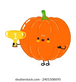 Cute funny Pumpkin hold gold trophy cup. Vector hand drawn cartoon kawaii character illustration icon. Isolated on white background. Pumpkin with winner trophy cup