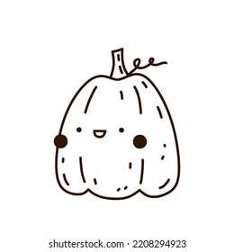 Calabaza ligera y divertida aislada en el fondo blanco. Ilustración de vectores dibujada a mano en estilo doodle. Carácter kawaii. Perfecto para tarjetas, decoraciones, logotipo y diseños de Halloween.