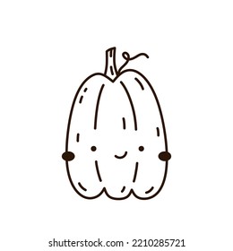 Calabaza ligera y divertida aislada en el fondo blanco. Ilustración de vectores dibujada a mano en estilo doodle. Carácter kawaii. Perfecto para tarjetas, decoraciones, logotipo y diseños de Halloween.