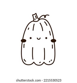 Calabaza ligera y divertida aislada en el fondo blanco. Ilustración de vectores dibujada a mano en estilo doodle. Carácter kawaii. Perfecto para tarjetas, decoraciones, logotipo y diseños de Halloween.