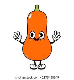 Cute funny pumpkin waving hand character. Vector hand drawn traditional cartoon vintage, retro, kawaii character illustration icon. Isolated on white background. Happy pumpkin character concept