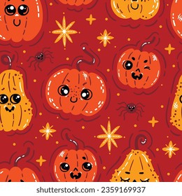 Cute funny pupmkins seamless pattern for Halloween celebration. Orange and yellow pumpkins on brown background with stars and spiders.