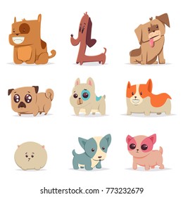 Cute funny puppies set. Dog cartoon vector character. Home pets illustration isolated on a white background.