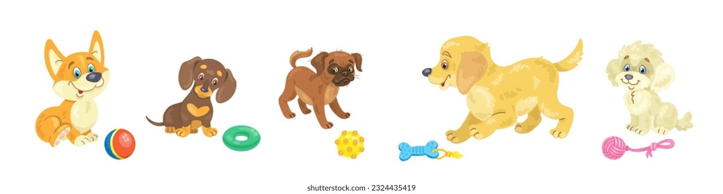 Cute funny puppies with their toys. Set of different breeds. Corgi, dachshund, belgian griffon, golden retriever, and poodle. In cartoon style. Isolated on white background. Vector flat illustration.