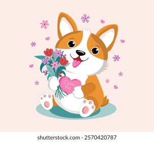 Cute funny puppy, corgi breed. Cartoon dog with a bouquet of flowers, heart. Inscription I love you. Happy birthday greeting card design, Valentine's Day, Womens Day.