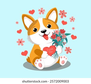 Cute funny puppy, corgi breed. Cartoon dog with a bouquet of flowers, heart. Inscription I love you. Happy birthday greeting card design, Valentine's Day, Women's Day.