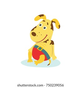 Cute funny puppy, dog character in swimming pants sitting on the beach, cartoon vector illustration isolated on white background. Happy smiling dog, puppy in swimming pants relaxing on the beach