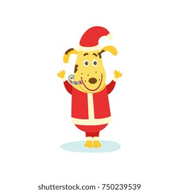Cute funny puppy, dog character in Santa Claus suit blowing party hord, cartoon vector illustration isolated on white background. Happy comic style cartoon dog, puppy character dressed as Santa