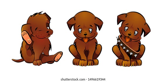 Cute funny puppy dog hand drawn cartoon vector illustration set isolated on white.Can be used for t-shirt print, kids wear fashion design. 