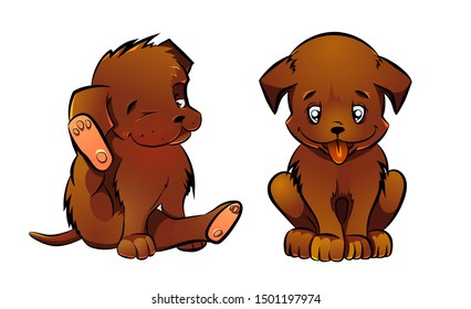 Cute funny puppy dog hand drawn cartoon vector illustration set isolated on white.Can be used for t-shirt print, kids wear fashion design. 