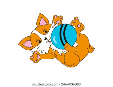 Cute funny puppy plays with a ball. Cartoon corgi dog. Cheerful pet with a toy. Vector illustration on isolated background.