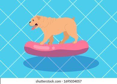 Cute funny purebred dog in the pool. Dog in swimming pool with inflatable ring. Dogs having fun in the water. Vector illustration in cartoon style