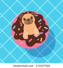 Cute funny purebred dog in the pool. Pug in swimming pool with inflatable ring. Dogs having fun in the water. Vector illustration in cartoon style