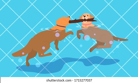 Cute funny purebred dog in the pool. Animal in swimming pool playing with a stick. Puppy having fun in the water. Vector illustration in cartoon style