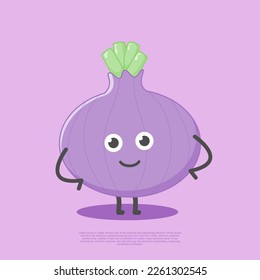 Cute funny purple onion vegetable with face. Vector cartoon doodle character illustration icon. Red onion vegetable cartoon character mascot concept.