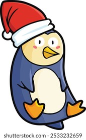 Cute and funny purple penguin penguin cartoon character wearing santa's hat celebrating christmas