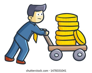 Cute and funny pushing wagon with gold coins 