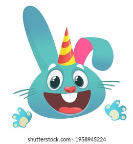 Cute funny rabbit cartoon wearing birthday hat. Vector illustration