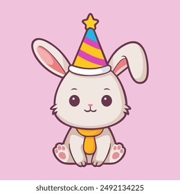 Cute funny rabbit cartoon wearing birthday hat. Vector illustration