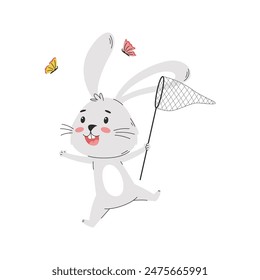 A cute funny rabbit catching butterflies with a net