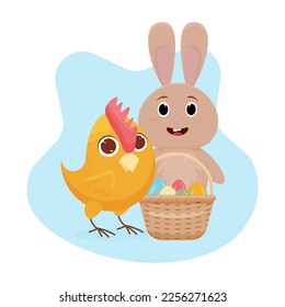 Cute funny rabbit, chicken, basket with Easter eggs. Vector illustration. Template for postcards.