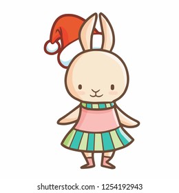Cute and funny rabbit with dance uniform and wearing Santa's hat for christmas - vector