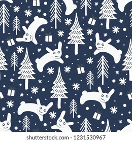 Cute and funny rabbit with floral drawing seamless pattern. Winter christmas theme blue and white colors background for wallpaper and fashion textile print and wrapping vector illustration.