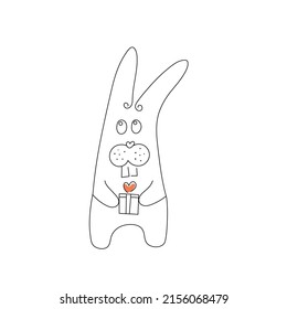 A cute funny rabbit is holding a gift box with a heart symbol. Symbol of the new year 2023. Thin line style. Vector illustrationn
