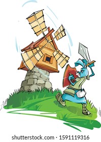 Cute and funny rabbit knight with sword attacks old windmill in summer