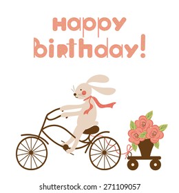 Cute funny rabbit on a bicycle and a pot of flowers on the trolley. Cartoon Happy Birthday card design, can be used as greeting card