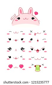 Cute funny rabbit set various emotions. Kawaii style emoticon icon set with pink cheeks and winking eyes. EPS8